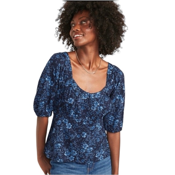 Old Navy Puff-Sleeve Smocked Button-Down Blouse Navy Floral Shirt Size Medium - Picture 1 of 11